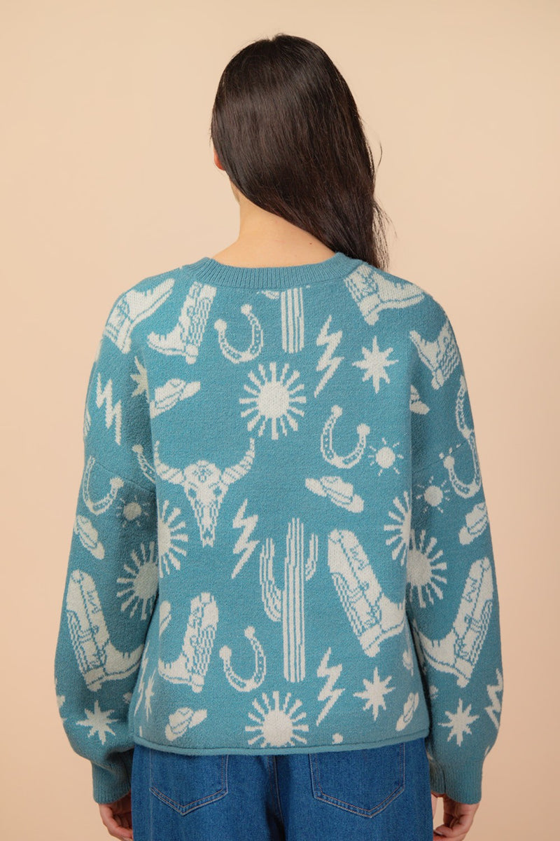 Western Graphic Oversized Knit Sweater Top in Sage