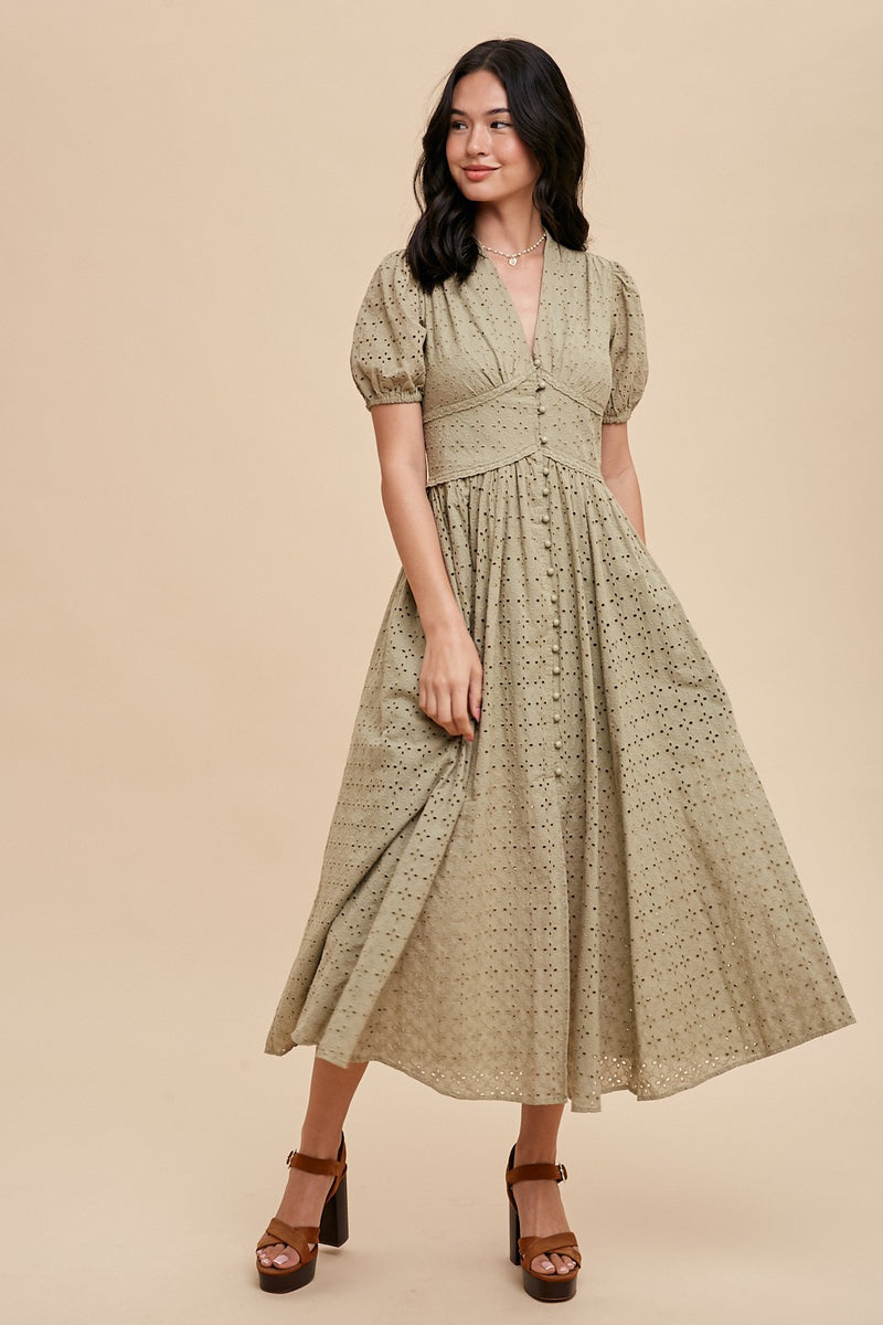 COTTON EYELET BUTTON DOWN DRESS in dusty olive