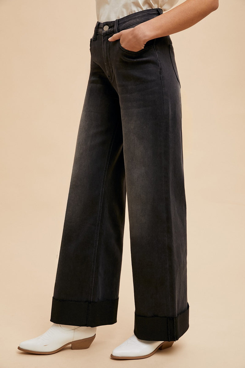 90s Stretch Cuffed Hem High Rise Straight Jeans in Black (S-XL available)