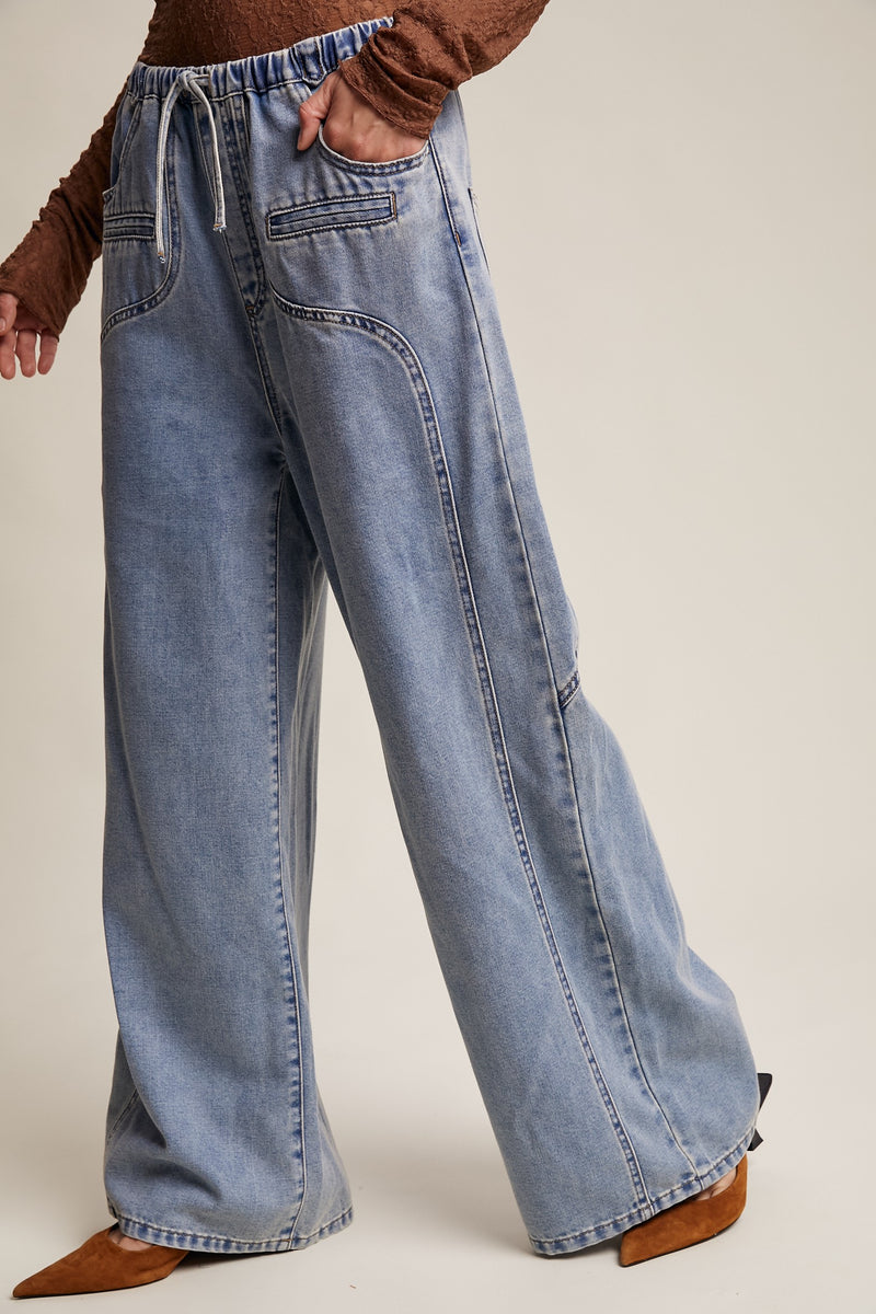 Wide Leg Denim Drawstring Pants