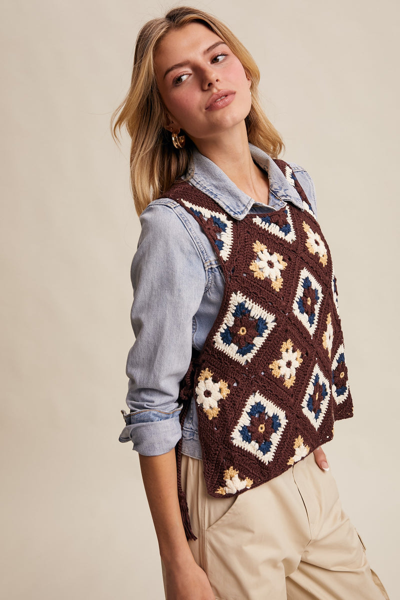 Crochet Granny Square Tassel Tie Vest in Mocha