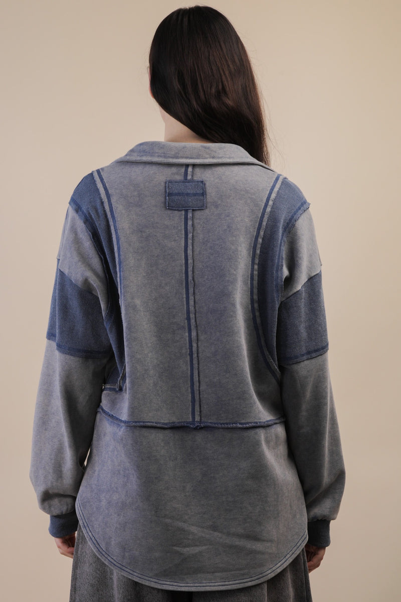 Mineral Washed Oversized French Terry Knit Top in Denim