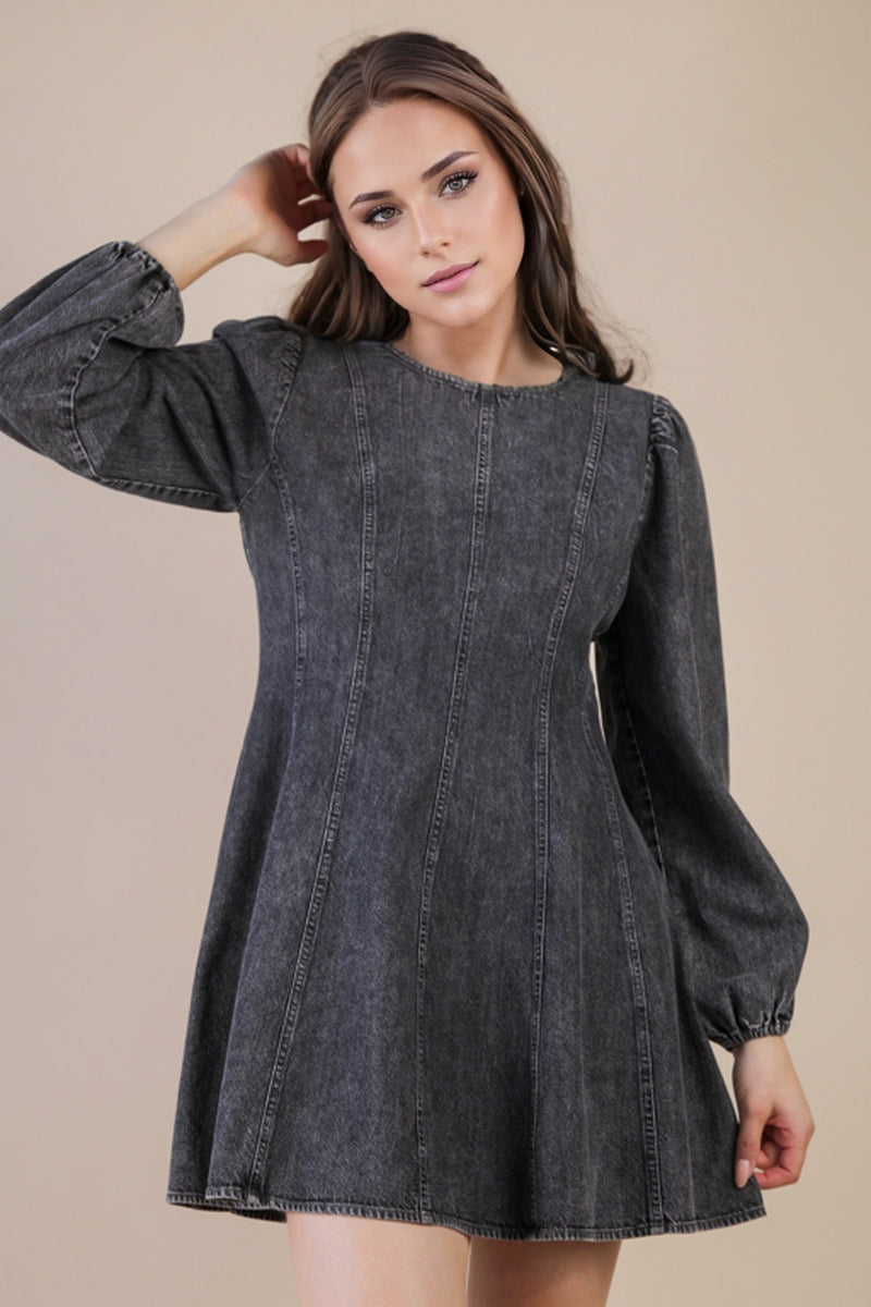 Mineral Washed Denim Seam Detail Mini Dress in Grey