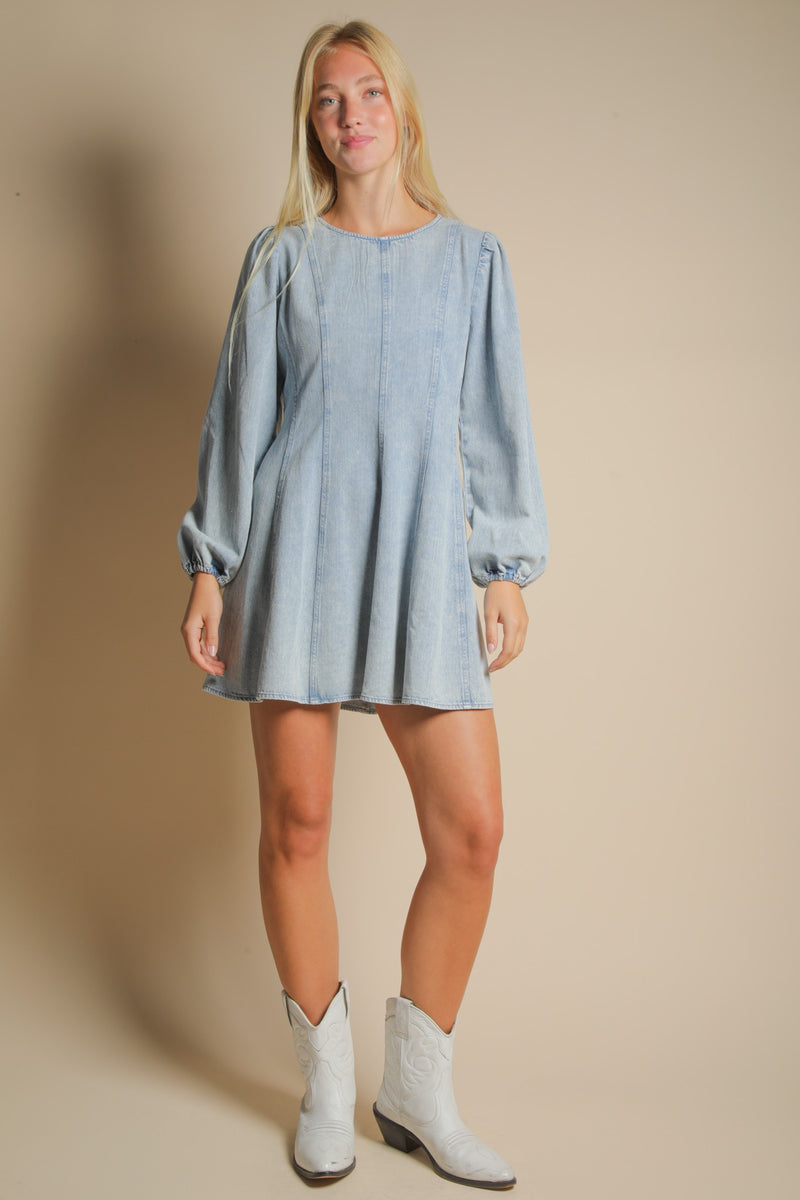 Mineral Washed Denim Seam Detail Mini Dress in Denim