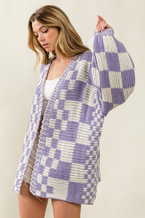 Mixed Check Pattern Loose Fit Chunky Cardigan (Size S-XL)
