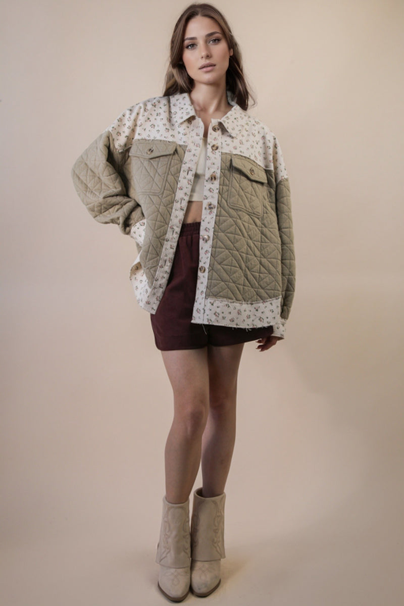 Oversized Floral Printed Contrast Cotton Jacket in Sage
