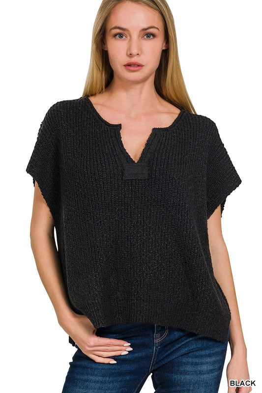 BACK PATCH ROLLED SPLIT-NECK SIDE SLIT PULLOVER in Black (S-XL)