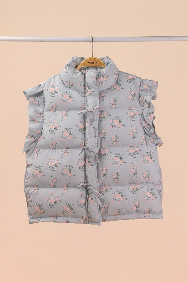 Front Bow Ruffle Sleeve Puffer Vest in Blue Floral