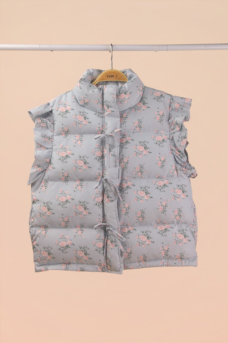 Front Bow Ruffle Sleeve Puffer Vest in Blue Floral