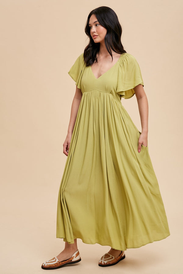 Viscose Flutter sleeve maxi dress in Pistachio- Final Sale