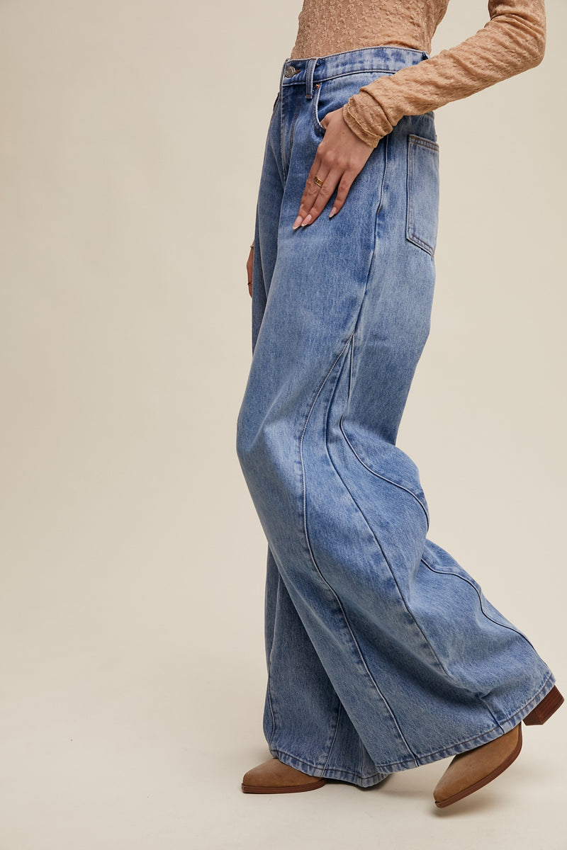 Wide-leg Panel Detail Jeans (S-XL available)