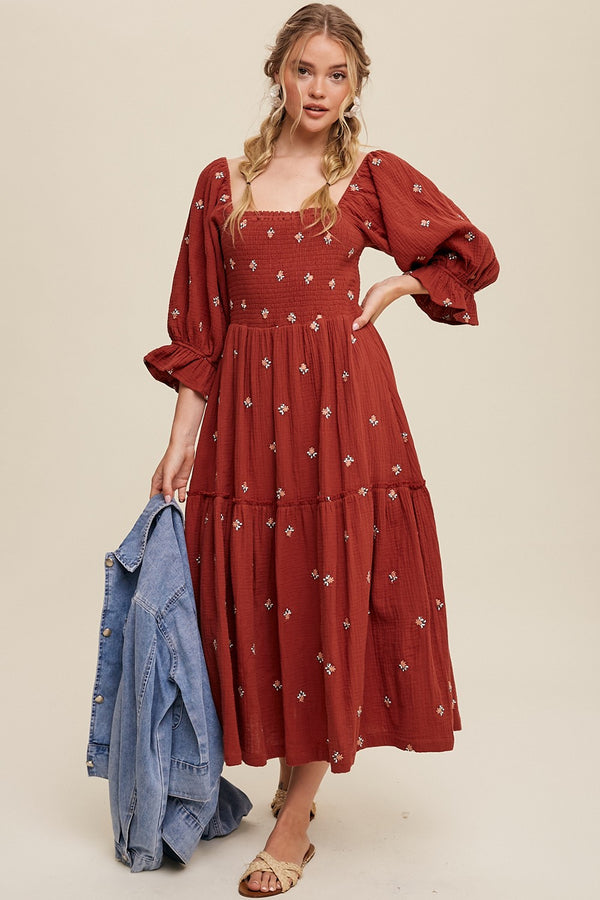 Ditzy Floral Embroidery Puff Sleeve Maxi Dress in Brick
