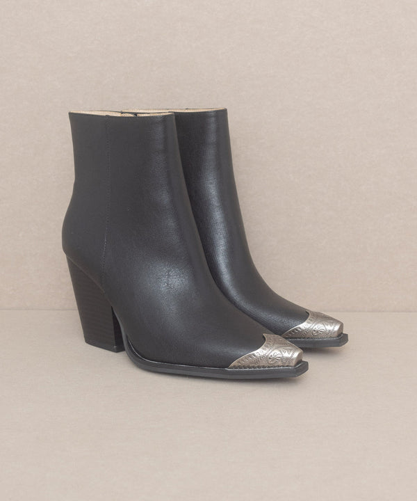 The Zion Black | Elegant bootie with etched metal toe | by Oasis Society