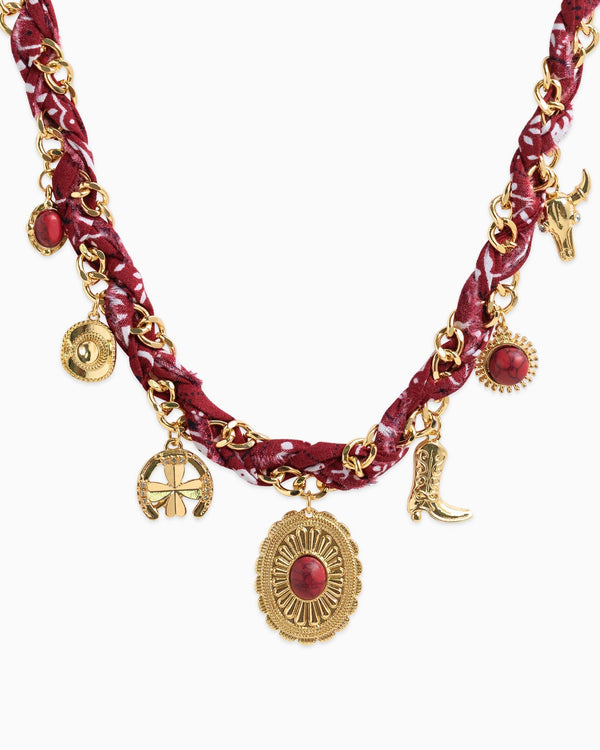 Paisley Scarf Western Concho Multi Charm Necklace in Burgundy