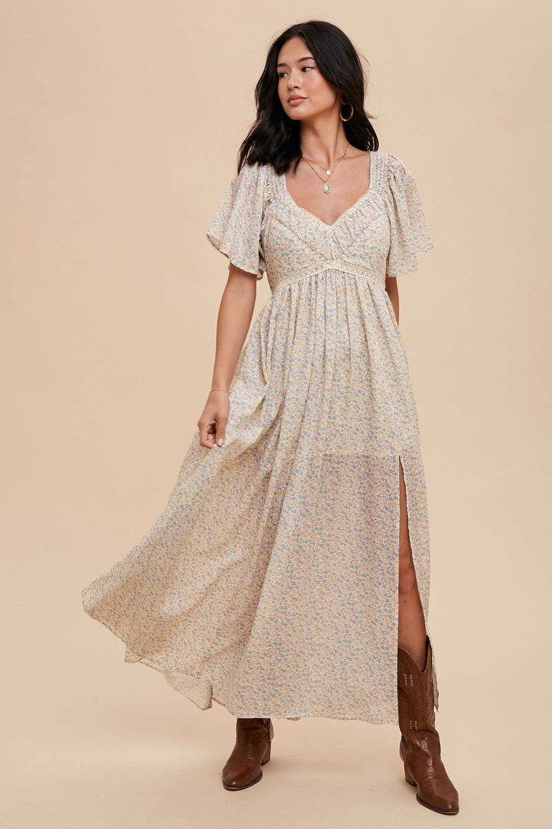 COTTON LACE INSET FLUTTER SLEEVE FLORAL DRESS in Blue
