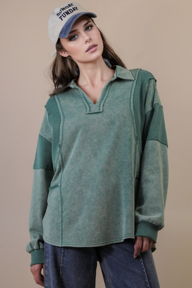 Mineral Washed Oversized French Terry Knit Top in Sage