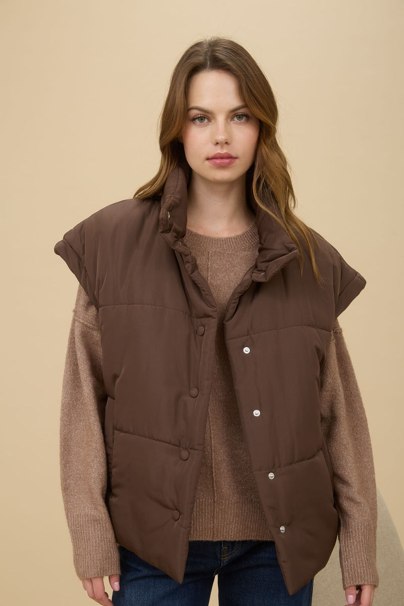Oversized Snap Button Puffer Vest in Dark Brown