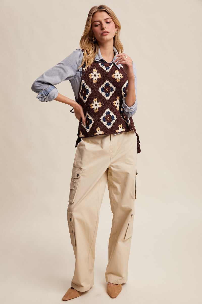 Crochet Granny Square Tassel Tie Vest in Mocha