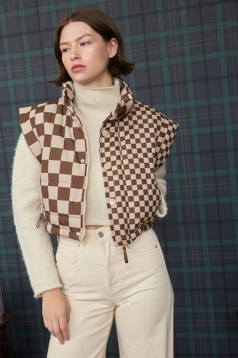 Checkered Cropped Zip-up Puffer Vest in Brown
