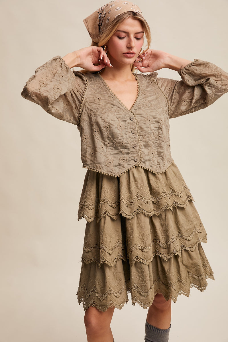 Tiered Scallop Embroidered Mini Dress in Olive