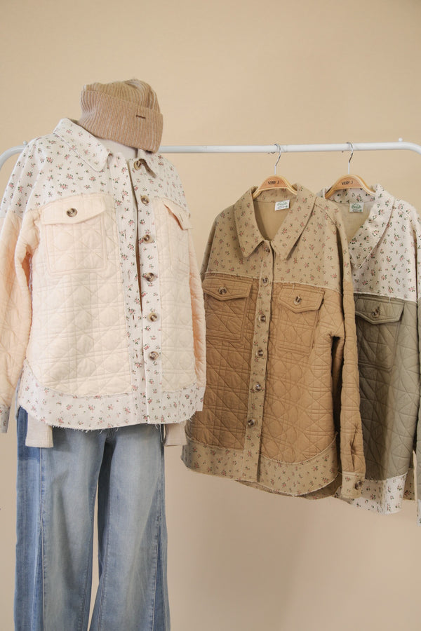 Oversized Floral Printed Contrast Cotton Jacket in Mocha