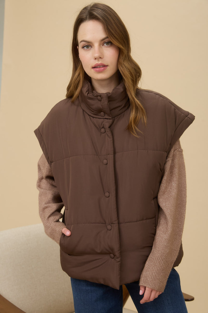 Oversized Snap Button Puffer Vest in Dark Brown