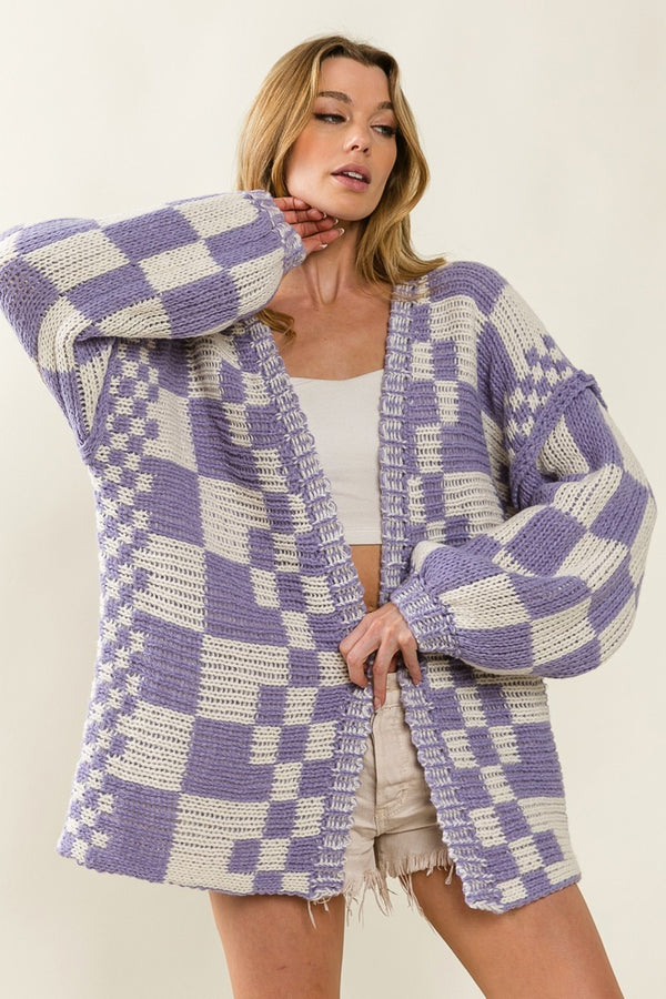 Mixed Check Pattern Loose Fit Chunky Cardigan (Size S-XL)