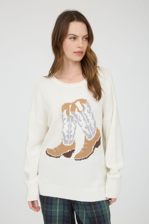 Western Boot Jacquard Long Sleeve Knit Sweater in Ivory