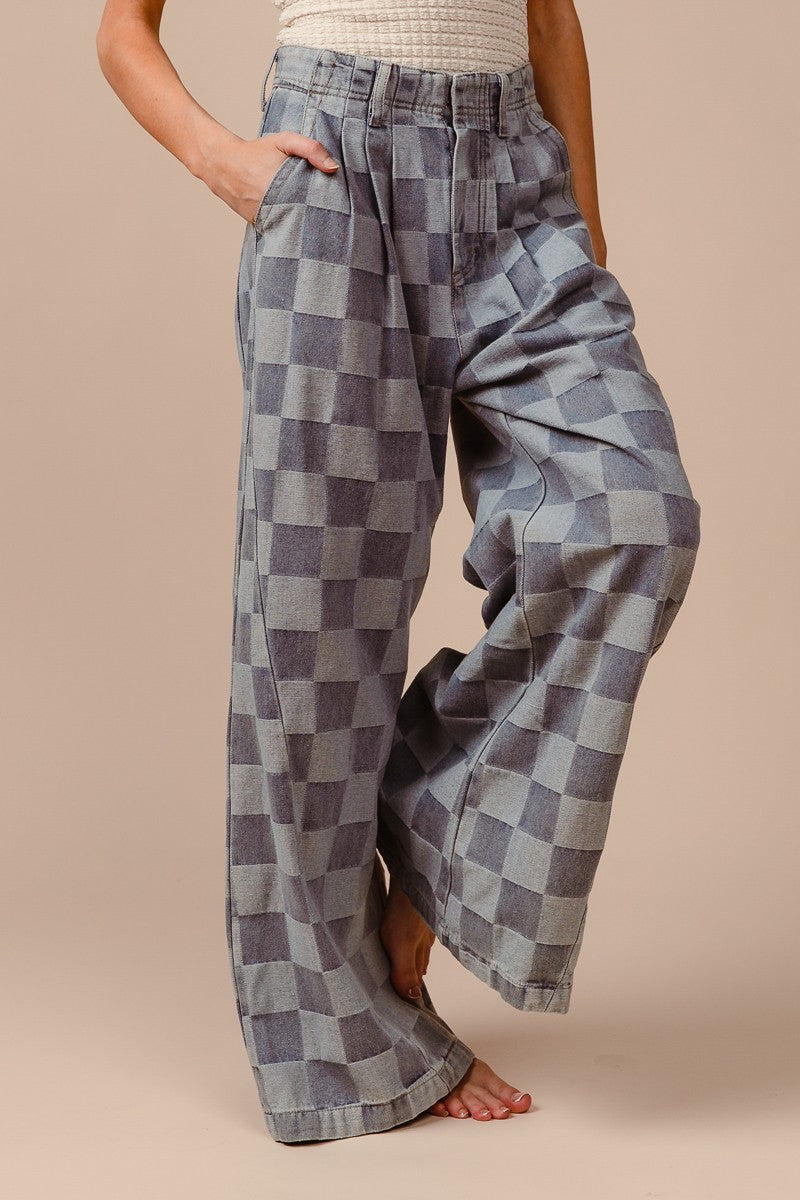 Washed Two Tone Checker Wide Pants (Available S-XL)