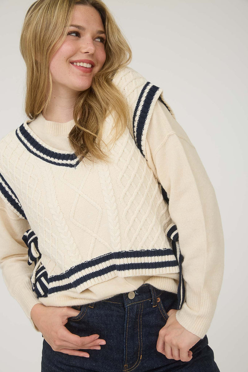 Contrast Line Trim Side Tie Knit Sweater Vest in Cream