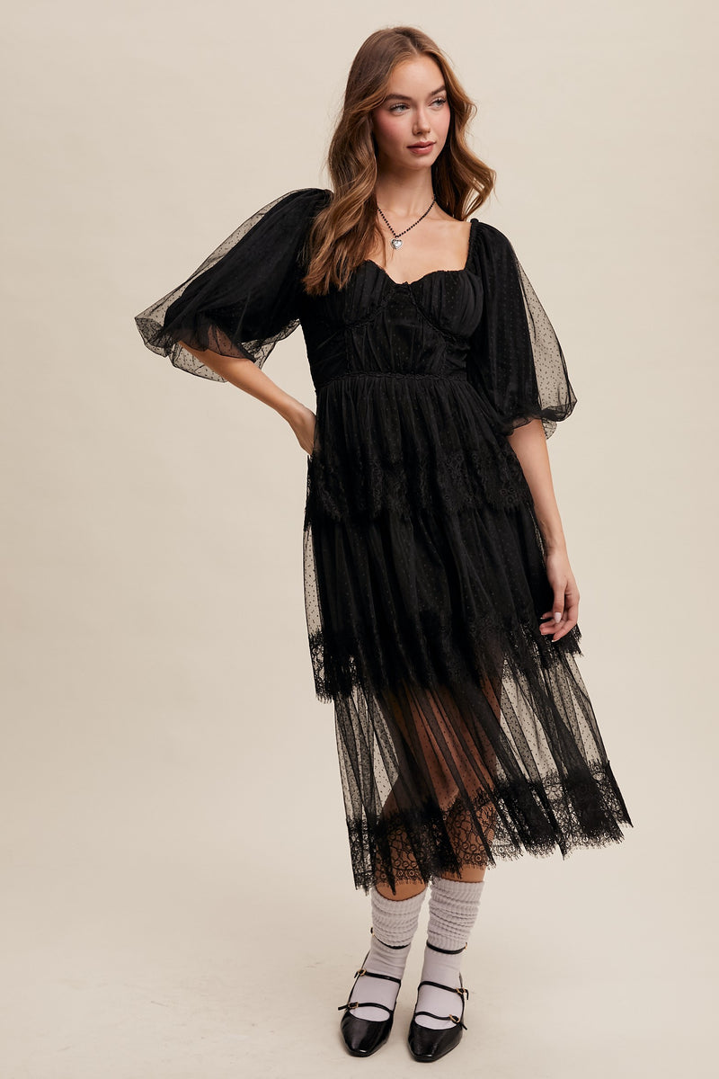 RESTOCK - Romantic Lace Midi Dress in Black