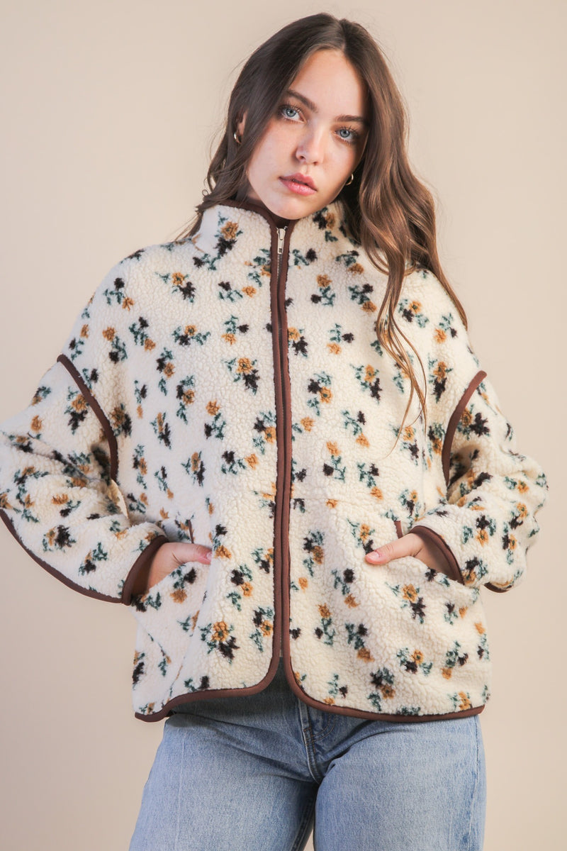 Oversized Floral Printed Fleece Sherpa Jacket