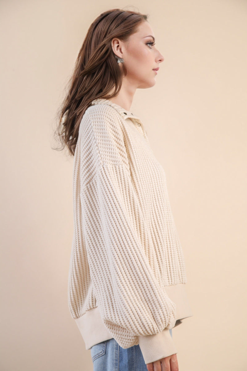 Oversized Half Button Down Casual Waffle Knit Top in Cream