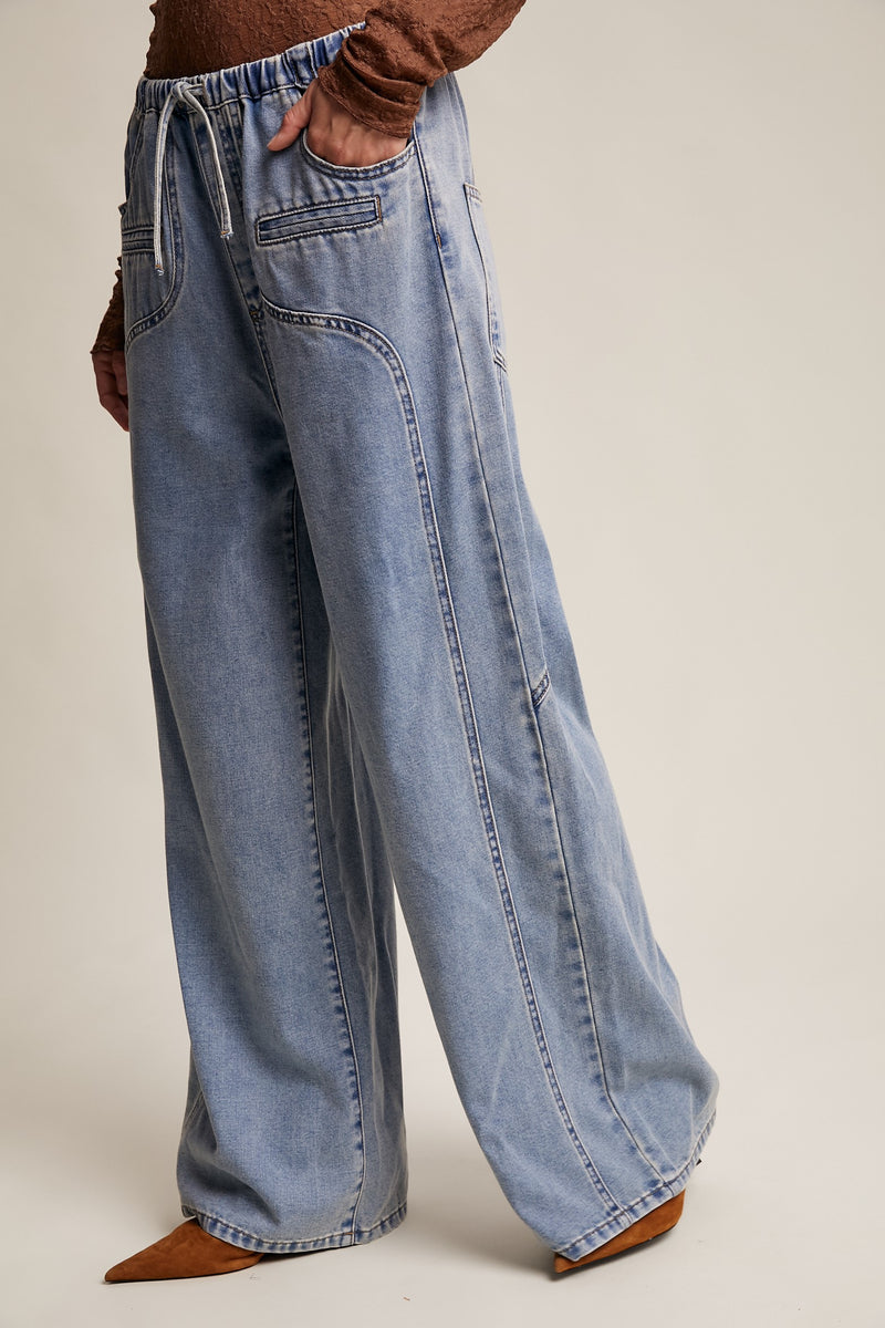Wide Leg Denim Drawstring Pants