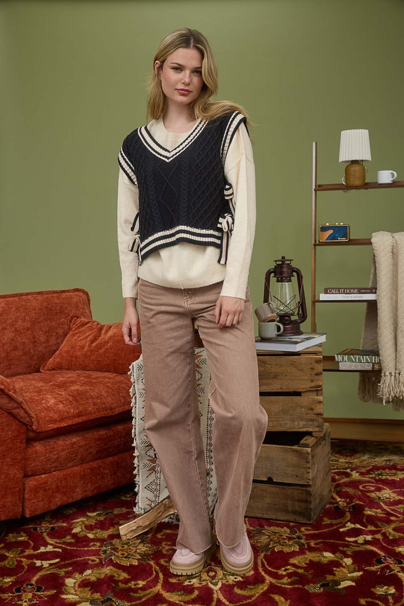 Contrast Line Trim Side Tie Knit Sweater Vest in Black