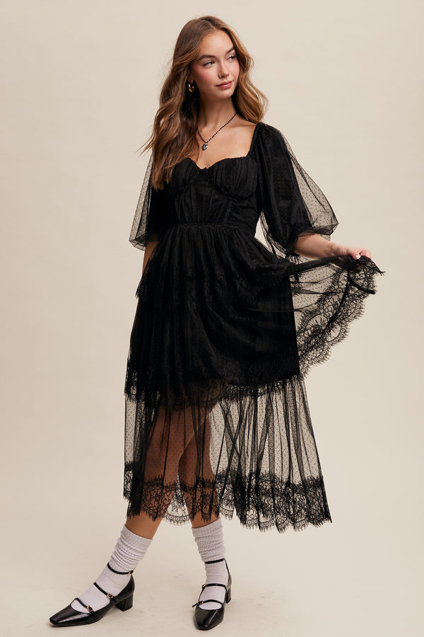 RESTOCK - Romantic Lace Midi Dress in Black