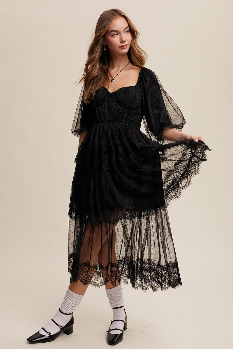 RESTOCK - Romantic Lace Midi Dress in Black