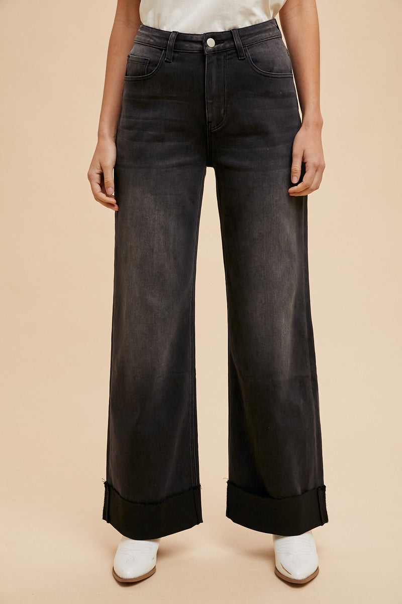 90s Stretch Cuffed Hem High Rise Straight Jeans in Black (S-XL available)