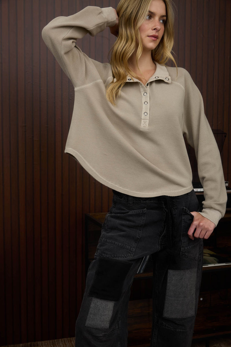 Mock Neck Half Snap Button Long Sleeve Knit Op in Mocha