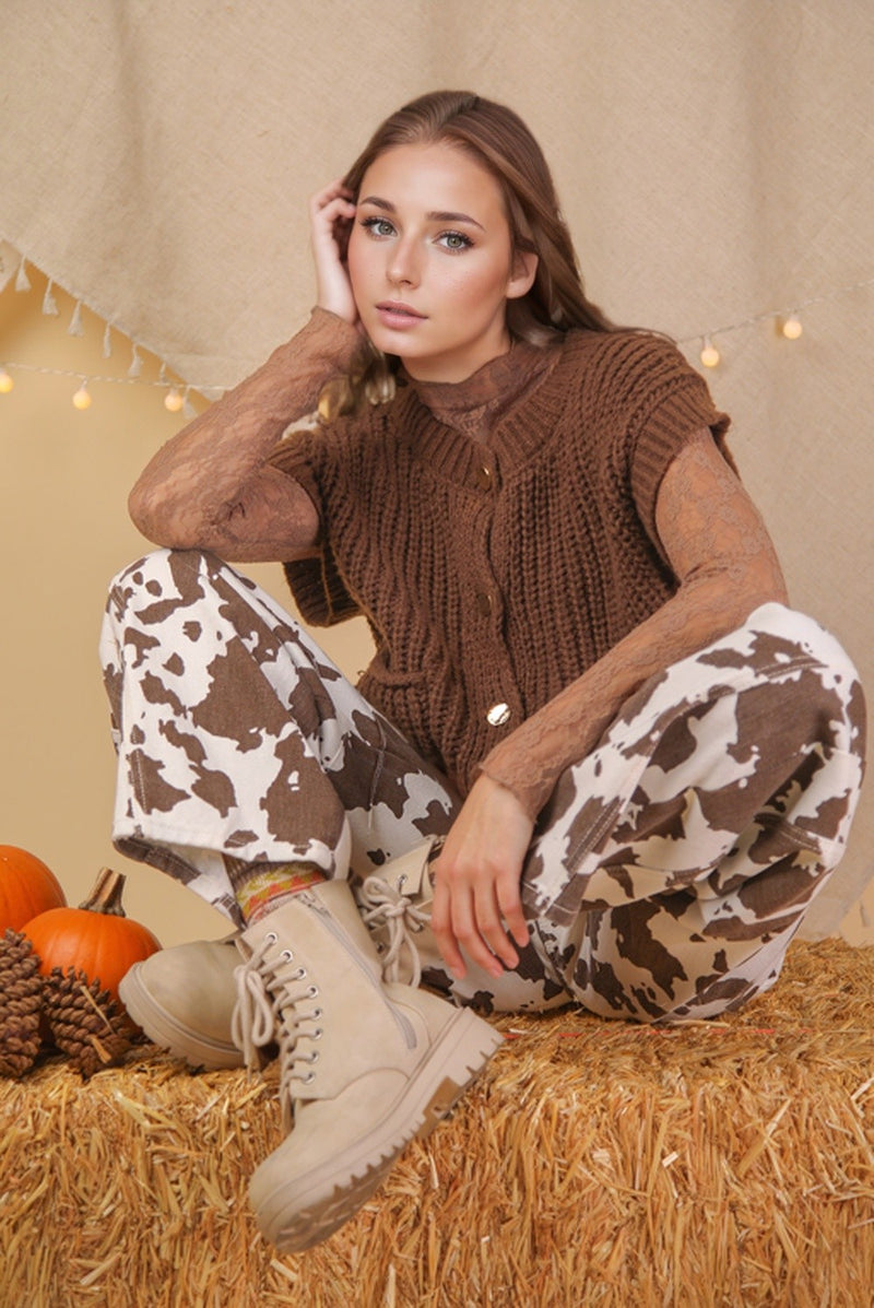 Oversized Button Down Knit Sweater Top in Chocolate