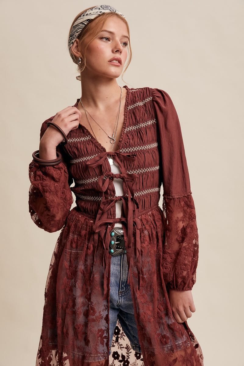 Lace-up Embroidered Maxi Kimono