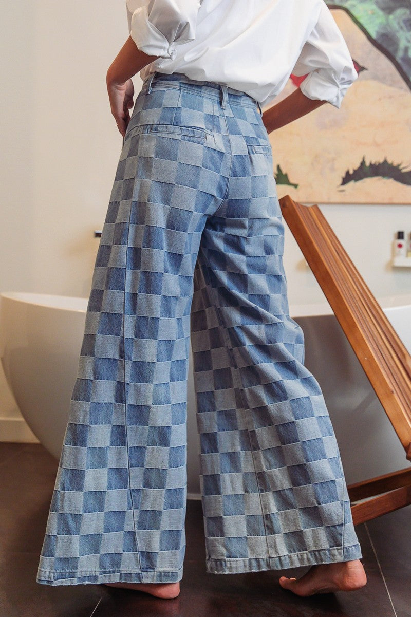 Washed Two Tone Checker Wide Pants (Available S-XL)