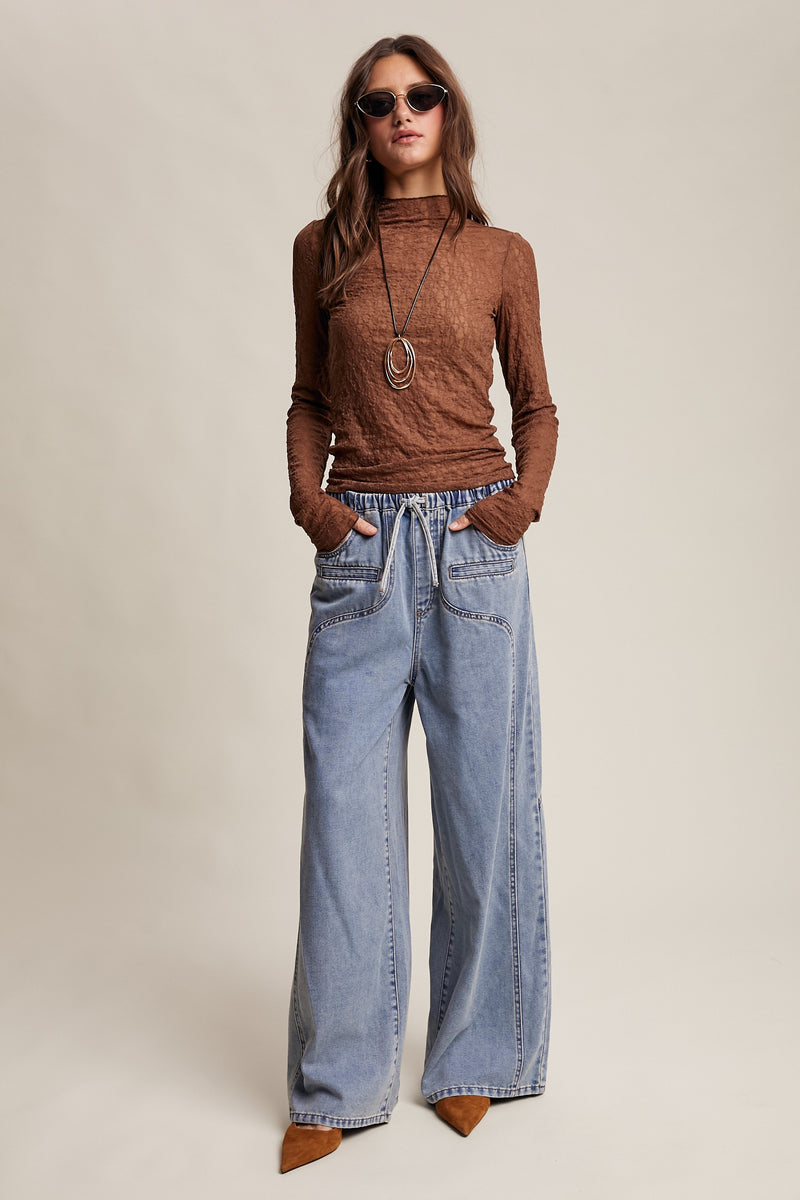 Wide Leg Denim Drawstring Pants
