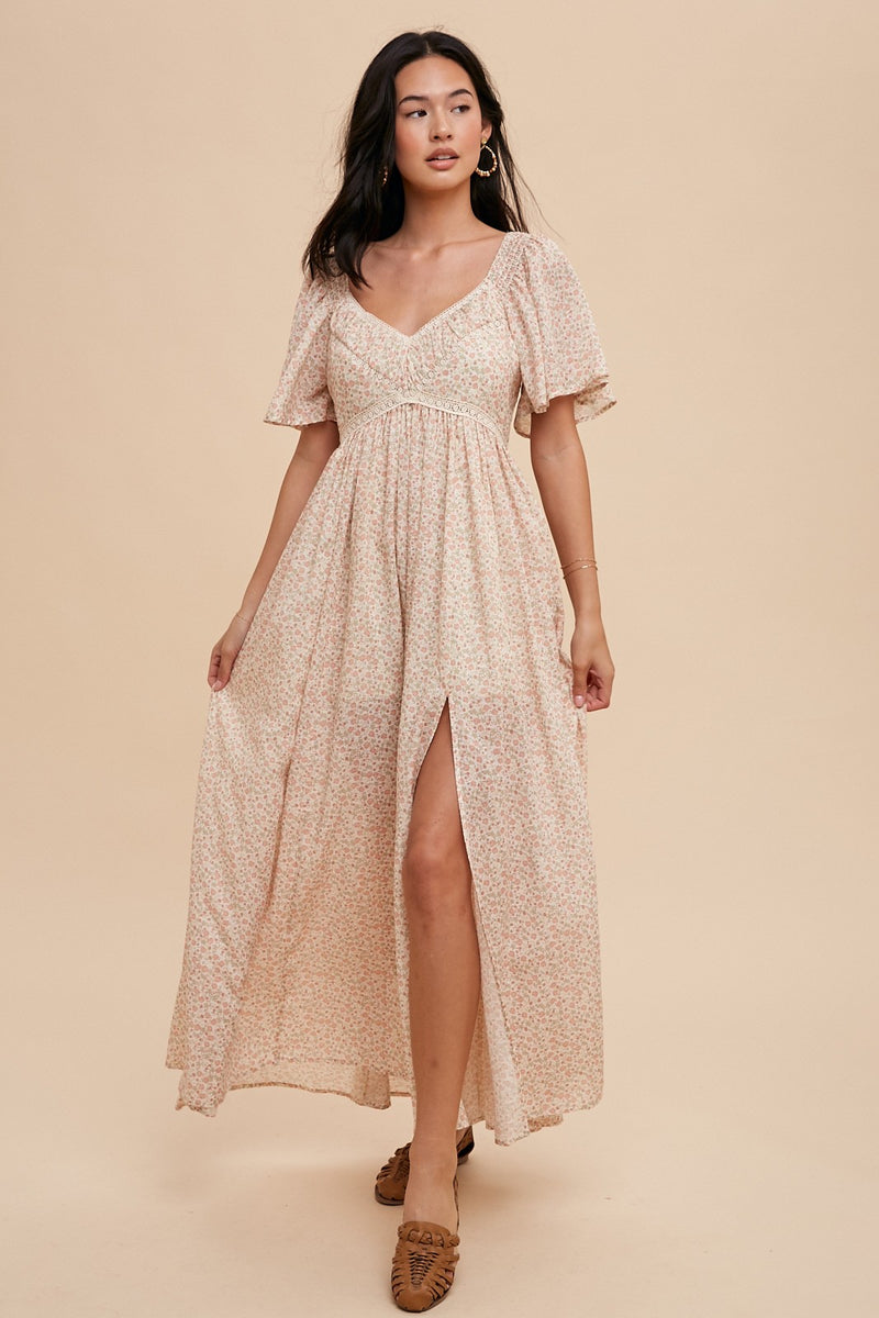 COTTON LACE INSET FLUTTER SLEEVE FLORAL DRESS in Rose