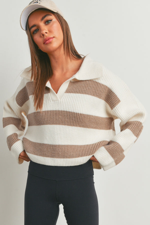 STRIPE DROP SHOULDER WITH WIDE COLLAR SWEATER in Ivory/Taupe
