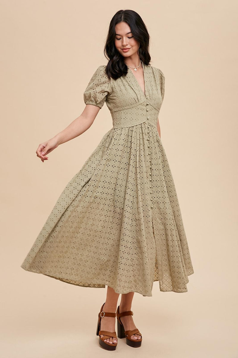 COTTON EYELET BUTTON DOWN DRESS in dusty olive