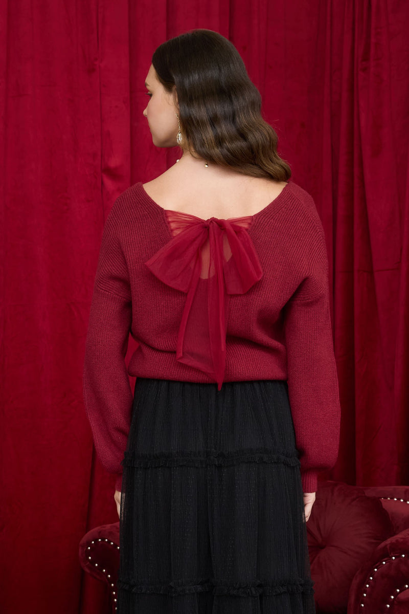 V Neck Drop Shoulder Back Bow Tie Detail Sweater in Red