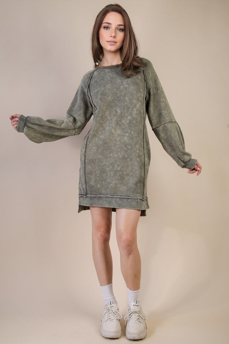 Mineral Washed Raglan Sleeve Casual Mini Dress