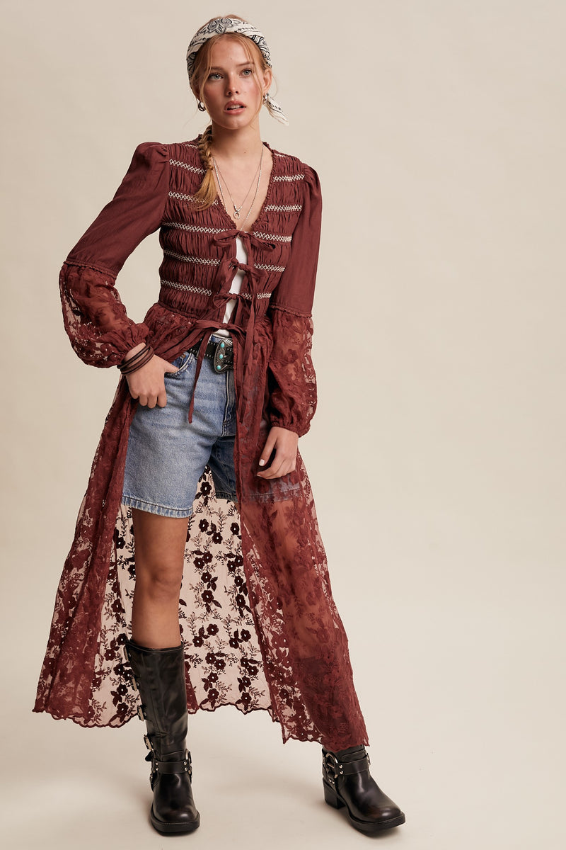 Lace-up Embroidered Maxi Kimono