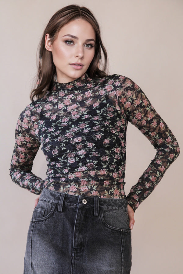 High Neck Fitted Sheer Mesh Lace Knit Top in Black Floral